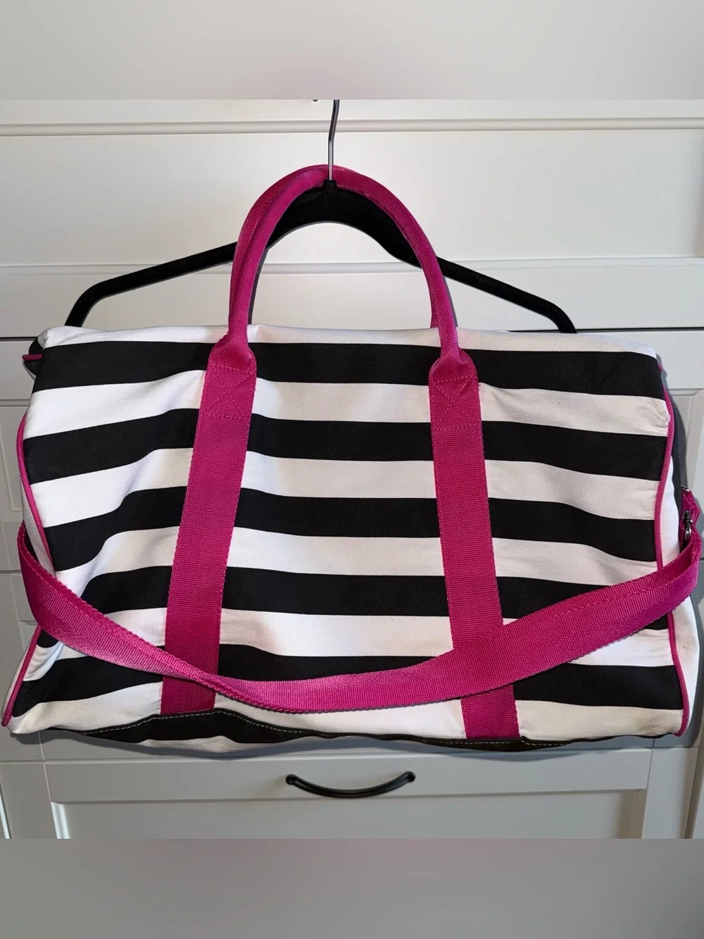 Victoria's Secret Black and White Striped Tote with Hot Pink Handles